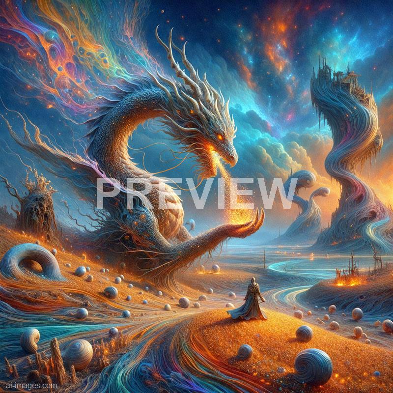 A majestic, mythical dragon with a serpentine body covered in textured scales is depicted in a vibrant, fantastical landscape. Its head, adorned with multiple horns, emits a fiery glow from its mouth as it breathes a stream of glowing, golden energy. The background features swirling, colorful clouds, tall, twisted structures, and a starry sky, creating an otherworldly atmosphere. A lone figure stands in the foreground, gazing up at the dragon, surrounded by an array of spherical stones scattered across the terrain.